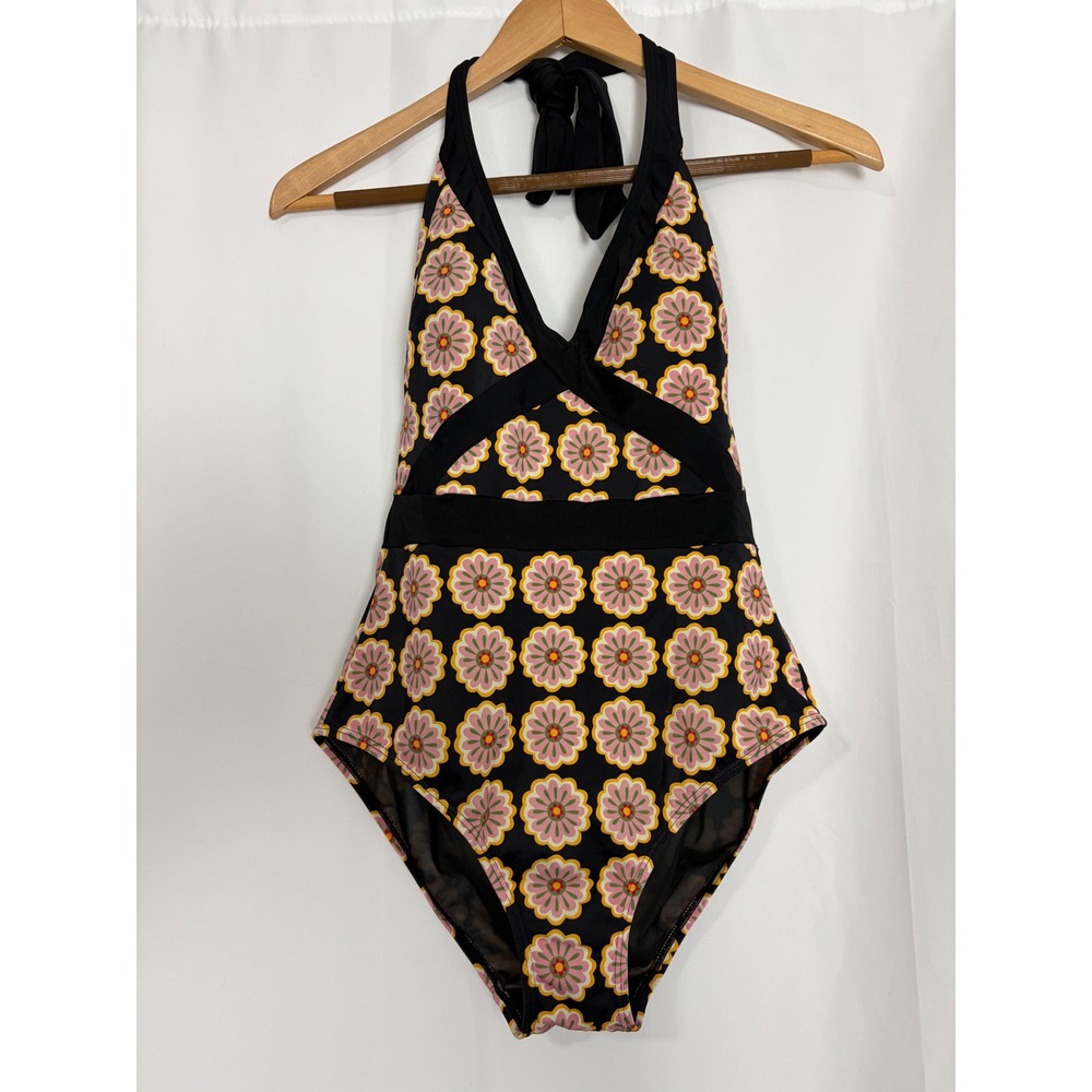 Boden Womens Boho Retro Floral Halter One Piece‎ Swimsuit Black Pink 6R Beach